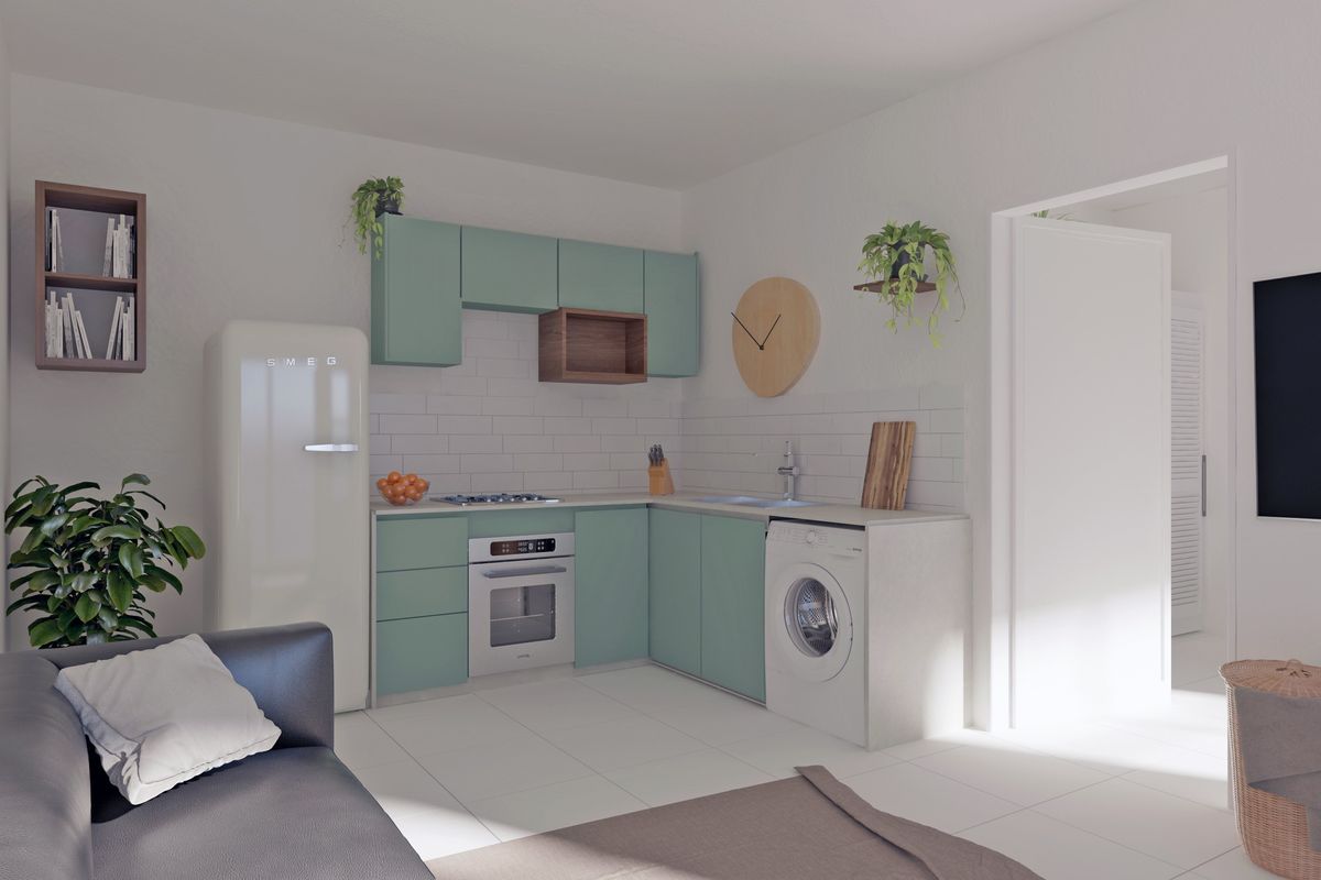 Modern open-plan living area featuring a compact kitchen with mint green cabinetry, subway tile backsplash, built-in oven, and integrated laundry appliance.