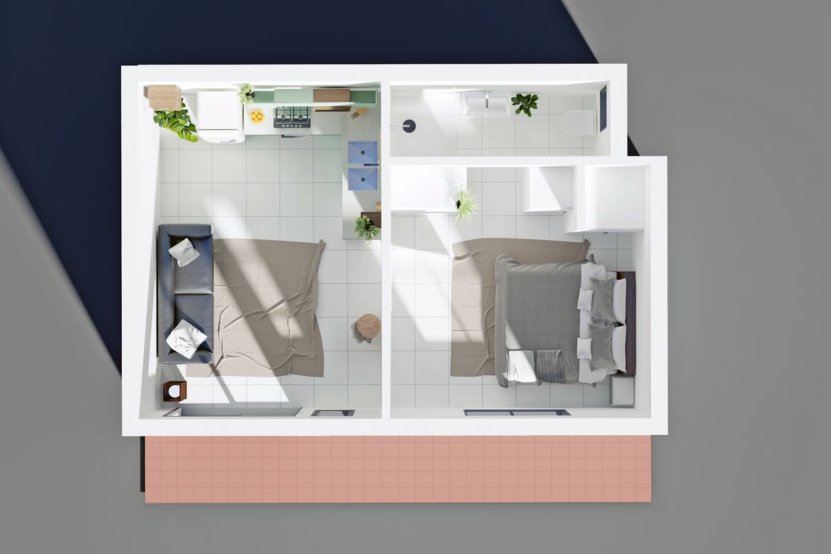 A top-down 3D floor plan layout showing an apartment with an open-plan living and kitchen area, a bedroom, and a bathroom.