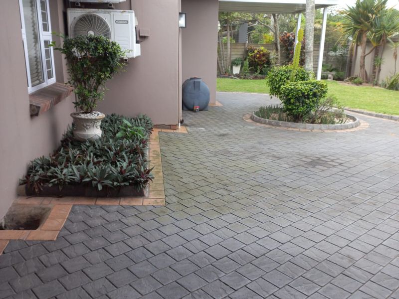 A paved rear patio area featuring a landscaped garden bed, established greenery, and wall-mounted air conditioning units.