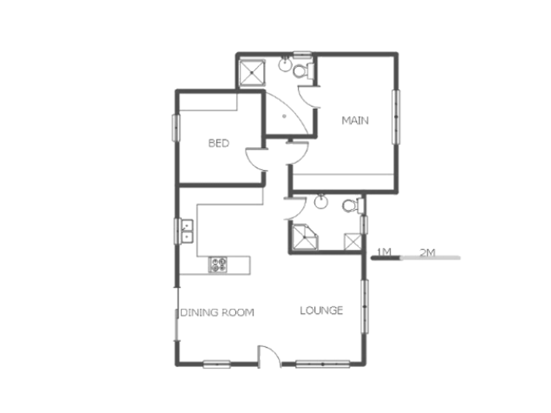 A clear architectural floor plan showing the layout of the 80m2 ground floor, including living, dining, kitchen, and bedroom areas.
