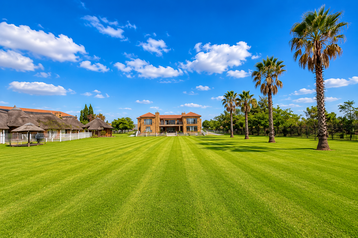 Expansive, well-maintained lawn leading to a large multi-story brick residence, complemented by mature palm trees and charming thatched-roof outbuildings.
