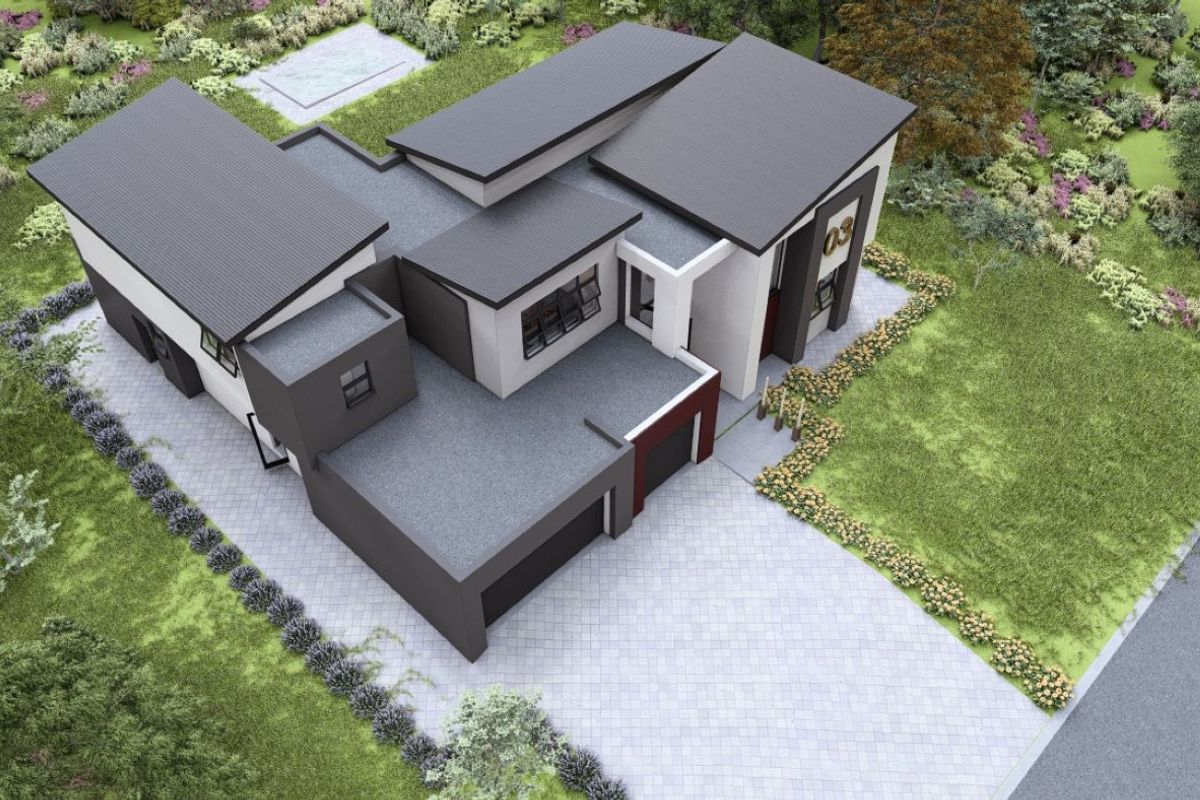 An aerial view of a modern architectural house design featuring a multi-level roof structure, paved driveway, and landscaped garden surroundings.