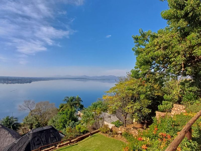A scenic elevated view overlooking a large tranquil lake, surrounded by lush greenery and mature trees.