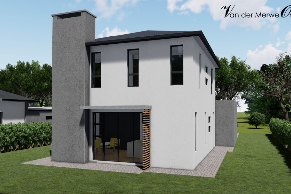 A digital architectural rendering of a modern two-story townhouse featuring a prominent chimney stack, large glass sliding doors, and clean exterior finishes.