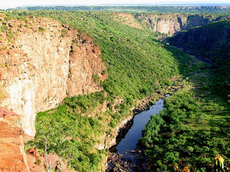 A scenic elevated view of a river winding through a deep, rocky canyon surrounded by lush natural vegetation.