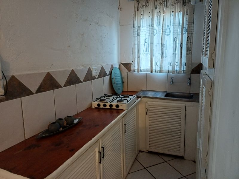 Compact kitchen featuring a gas hob, stainless steel sink, and louvered cabinetry with a wooden countertop and tiled backsplash.