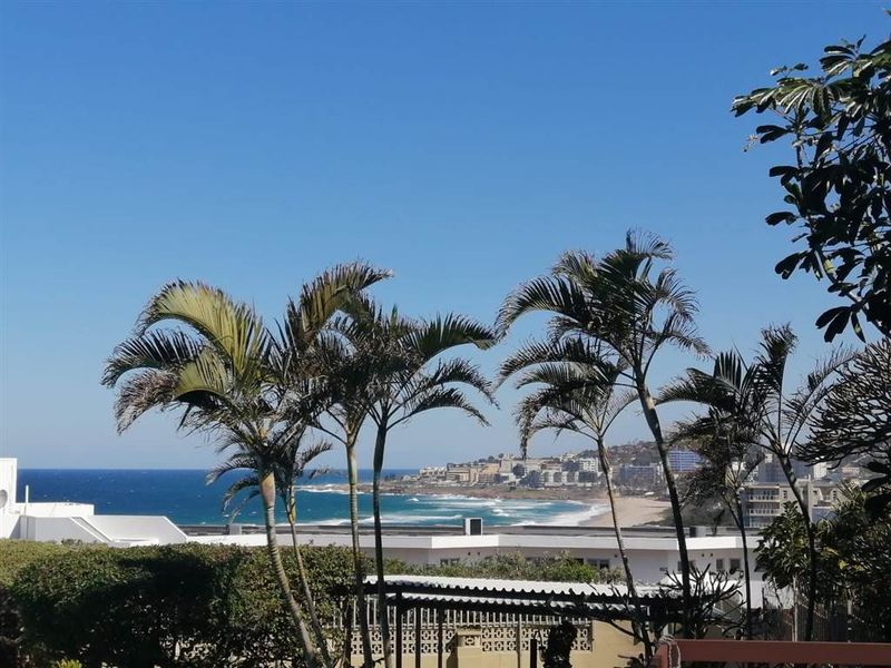A scenic coastal view overlooking the ocean, beach, and surrounding residential area, framed by palm trees under a clear blue sky.