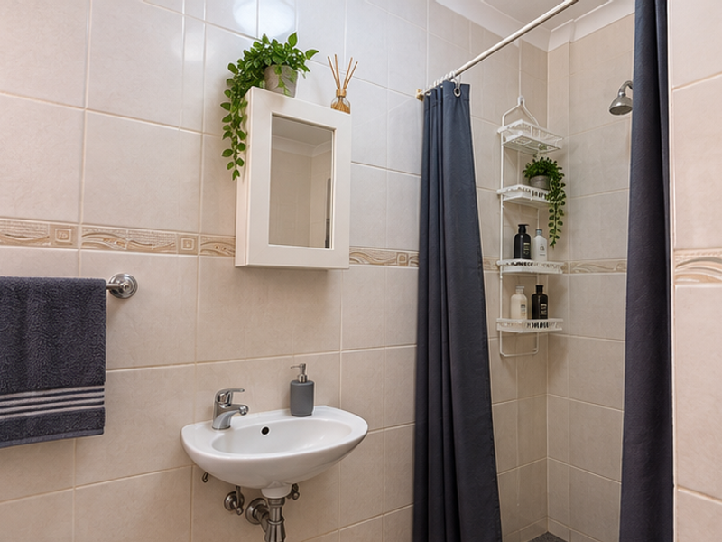 A functional bathroom featuring a wall-mounted basin, tiled walls with decorative border, and a shower area with a curtain.