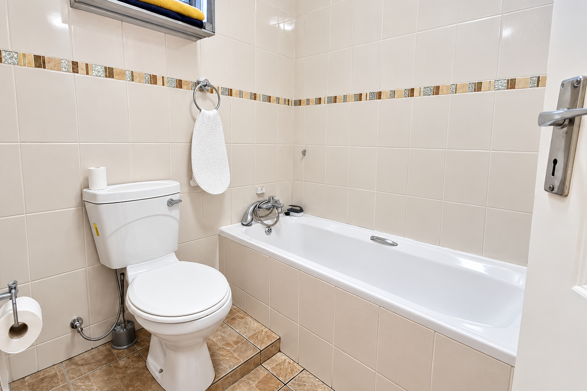 A functional bathroom featuring a standard bathtub, toilet, and neutral wall tiling with a decorative mosaic border.