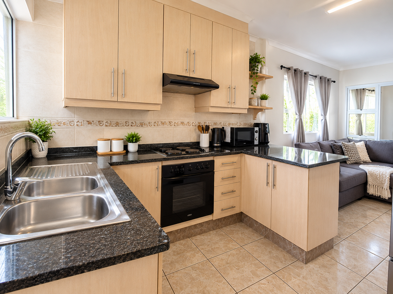 Modern open-plan kitchen featuring light-wood cabinetry, granite countertops, and integrated appliances, seamlessly flowing into a comfortable living area with tiled flooring throughout.