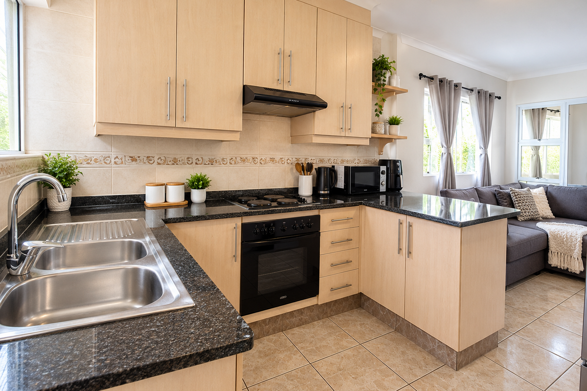 Modern open-plan kitchen featuring light-wood cabinetry, granite countertops, and integrated appliances, seamlessly flowing into a comfortable living area with tiled flooring throughout.