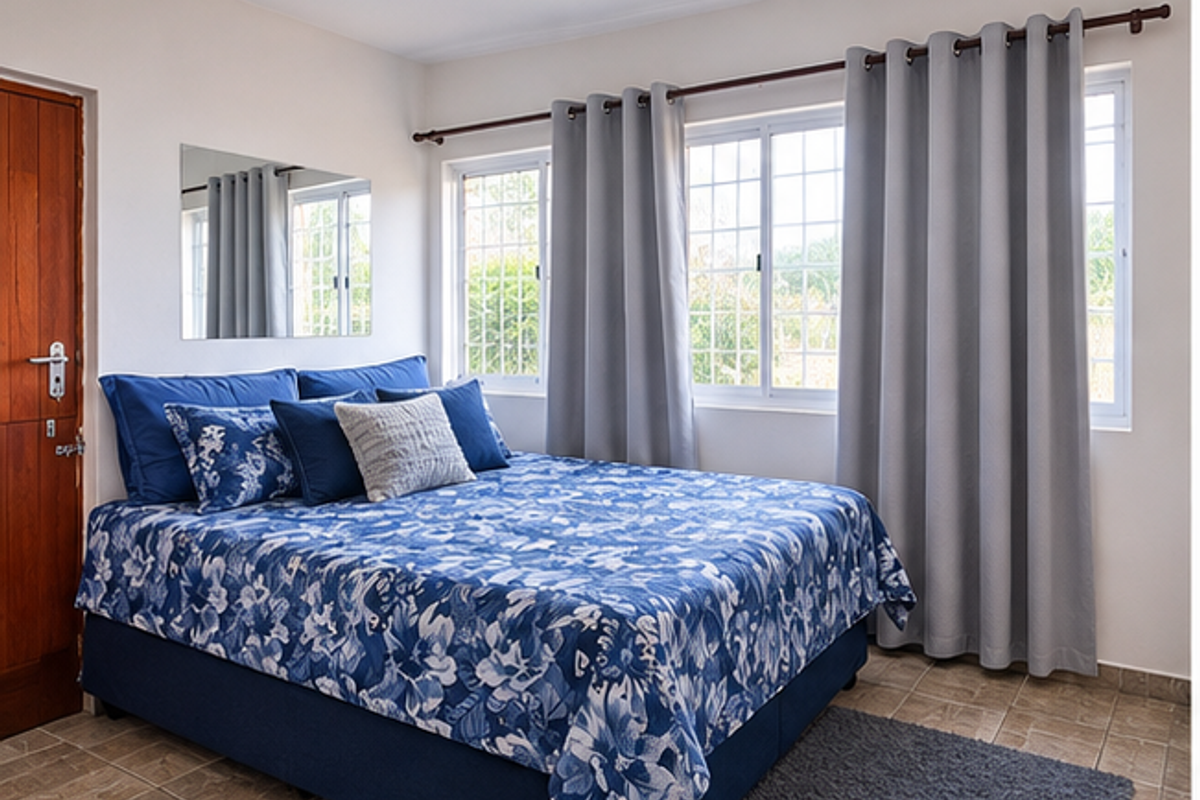 A well-lit bedroom featuring tiled flooring, a wooden door, and large windows with security bars, providing a comfortable and functional living space.