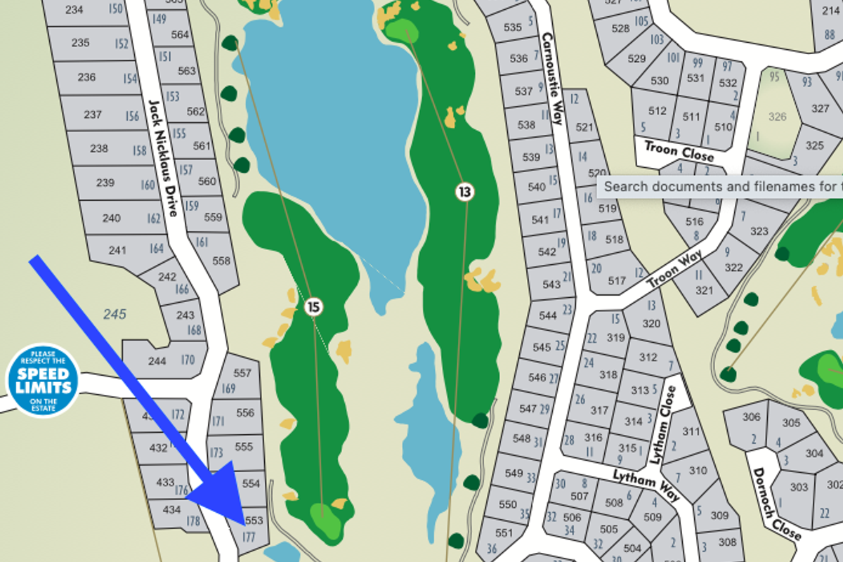A digital map or site plan showing the layout of residential plots within a golf estate, highlighting specific lot locations.