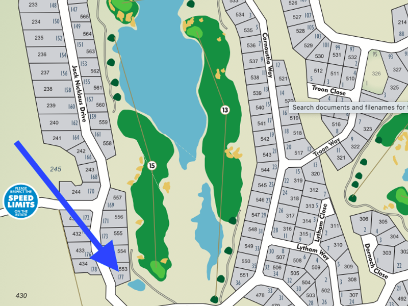 A digital map or site plan showing the layout of residential plots within a golf estate, highlighting specific lot locations.