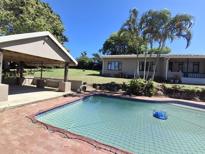 Outdoor entertainment area featuring a swimming pool with safety net, adjacent covered patio, and established garden surroundings.