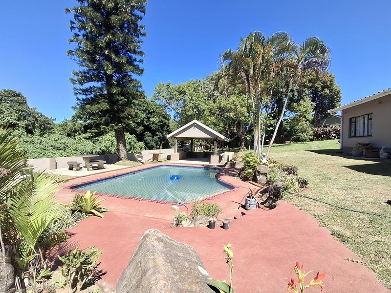 Outdoor pool area featuring a swimming pool with safety net, adjacent covered patio, and established garden surroundings.
