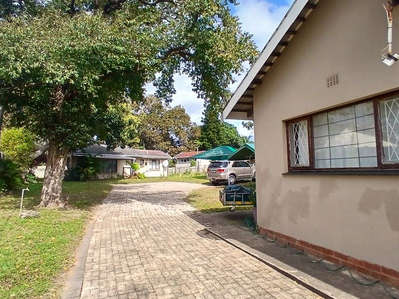 Rear exterior view of the property featuring a paved driveway, mature trees, and a side facade with security bars on the windows.