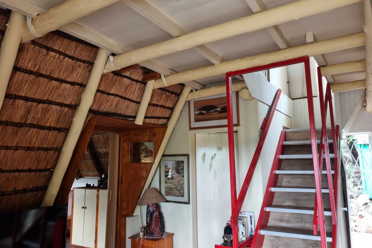 Living area featuring a unique thatched roof design with exposed timber rafters and a prominent red staircase leading to the upper level.
