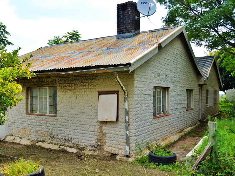 Rear view of a residential structure featuring a corrugated metal roof, brick chimney, and textured masonry walls showing signs of wear and weathering.