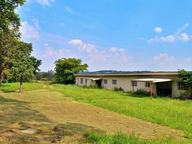 Rear view of a single-story residential structure on a large plot of land, featuring a covered patio area and surrounding grassy grounds.
