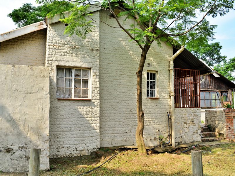 Rear view of a residential structure featuring textured masonry walls, metal window frames with security bars, and weathered exterior finishes.
