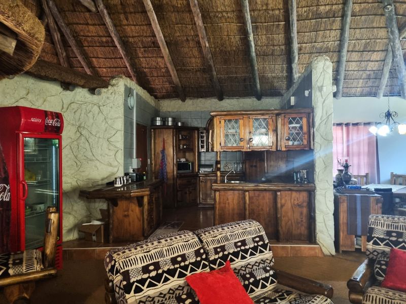 Open-plan living and kitchen area featuring a rustic thatched roof with exposed timber rafters and traditional built-in wooden cabinetry.