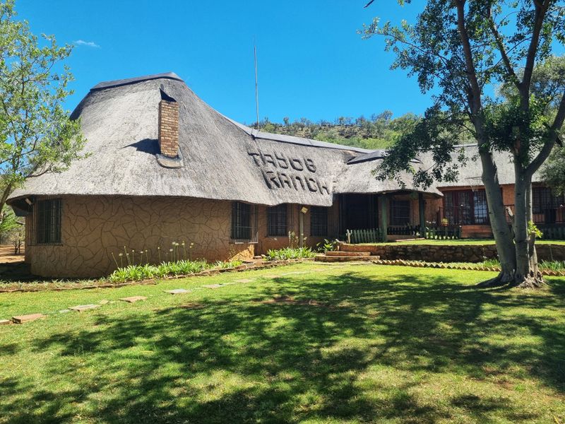 A charming ranch-style home featuring a traditional thatched roof, stone-textured exterior walls, and a well-maintained garden setting.
