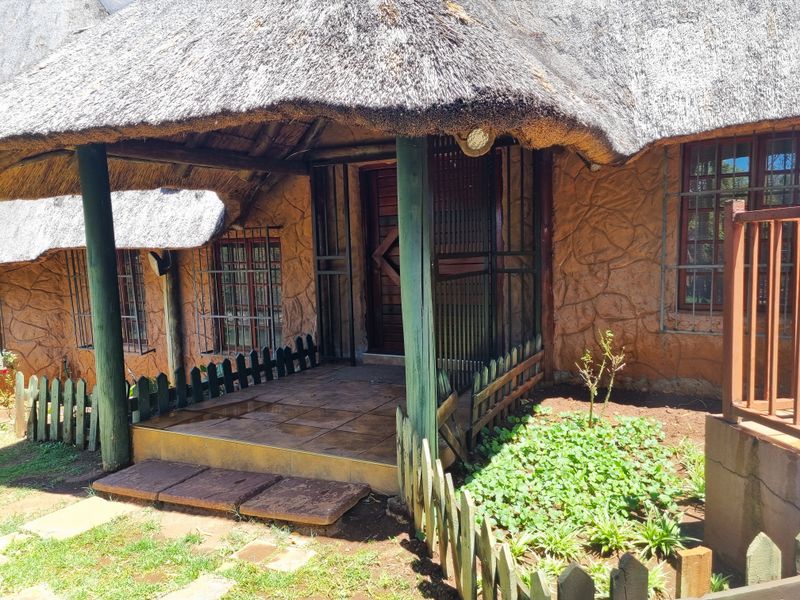 Front entrance of a house featuring a traditional thatch roof, textured stone cladding, and a tiled porch area with security gate.