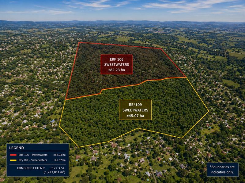 Aerial view of a large vacant residential land parcel in Sweetwaters, showing defined property boundaries and surrounding landscape.