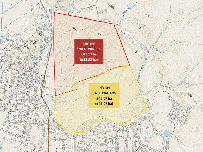 A cadastral map showing the boundaries and land area for Erf 106 and RE/109 Sweetwaters.