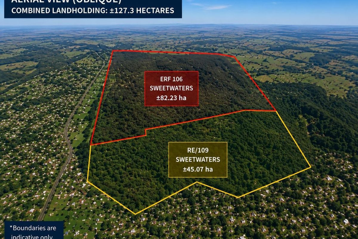 An aerial view showing the combined landholding of approximately 127.3 hectares, featuring extensive woodland and undeveloped residential land.