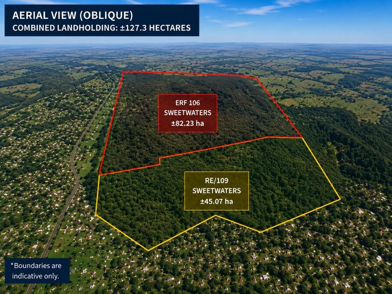 An aerial view showing the combined landholding of approximately 127.3 hectares, featuring extensive woodland and undeveloped residential land.