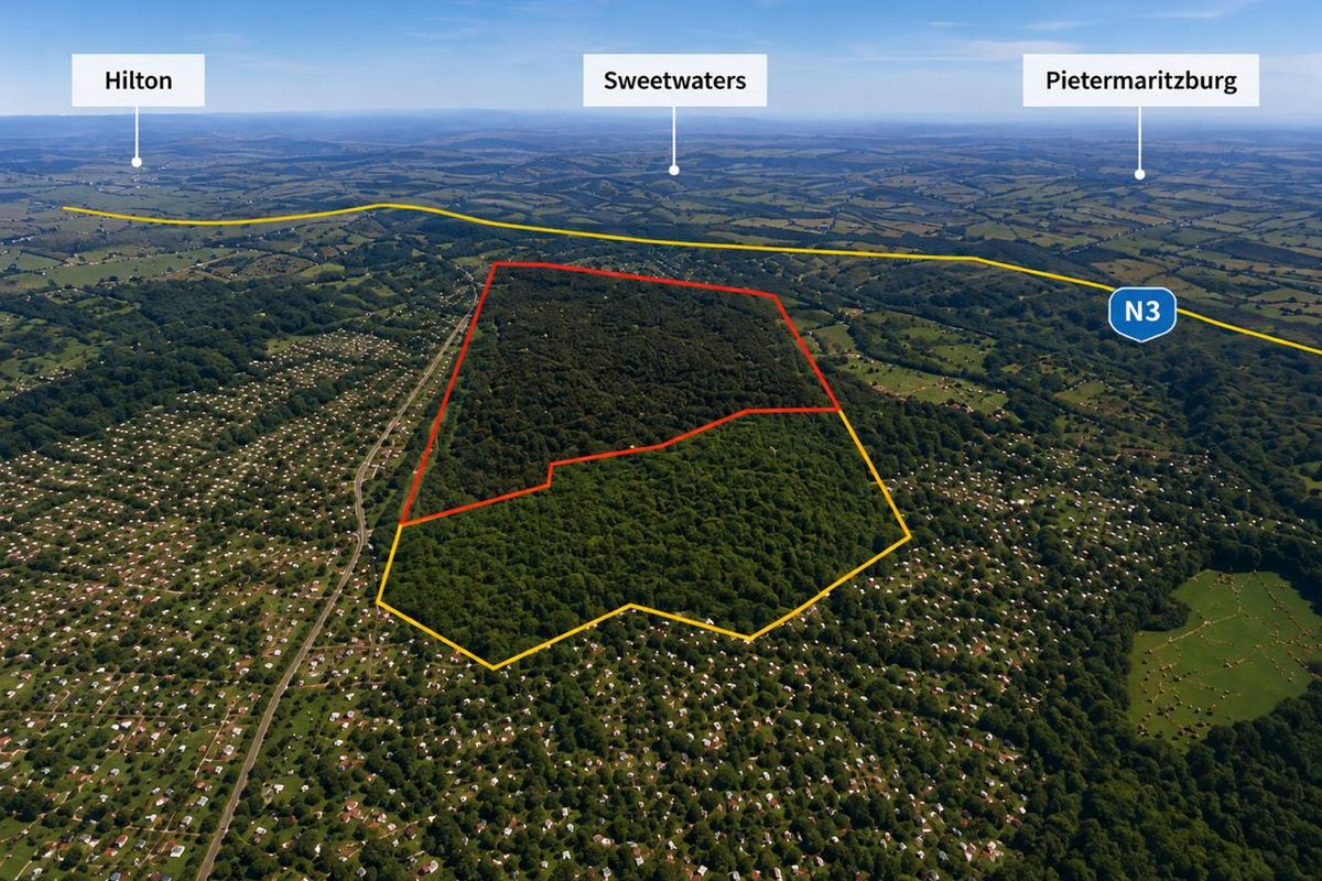 Aerial view of a large, wooded residential land parcel with marked boundaries, situated near the N3 highway and surrounding regional landmarks.