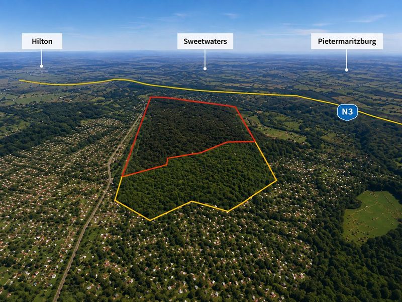 Aerial view of a large, wooded residential land parcel with marked boundaries, situated near the N3 highway and surrounding regional landmarks.