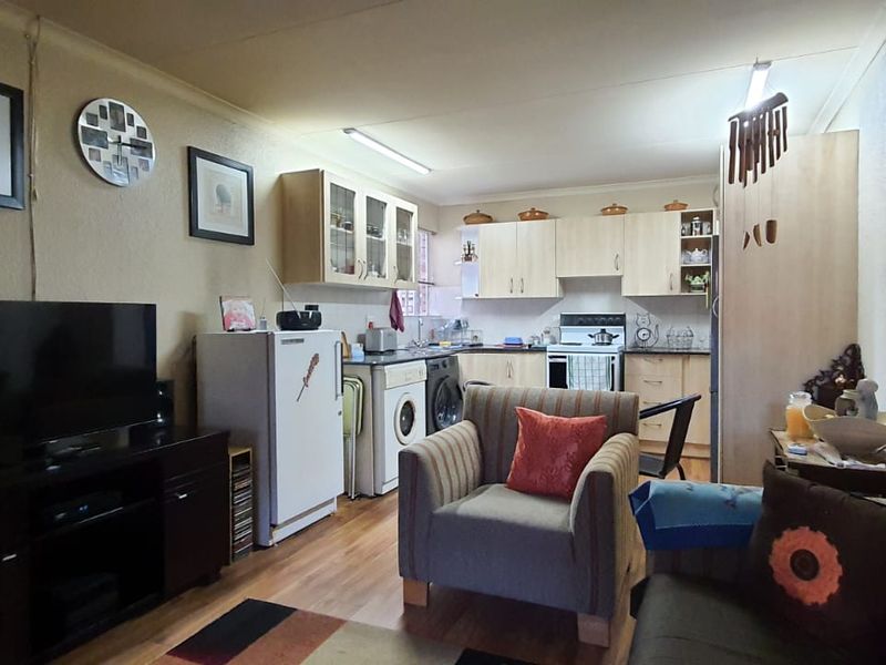 An open-plan living area featuring a compact kitchen with light wood cabinetry and integrated appliances, flowing into a comfortable lounge space.