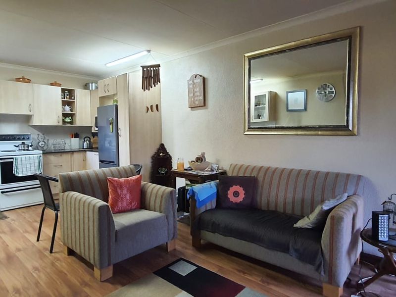 Open-plan living area featuring a functional kitchen with light wood cabinetry and a comfortable lounge space with laminate flooring.