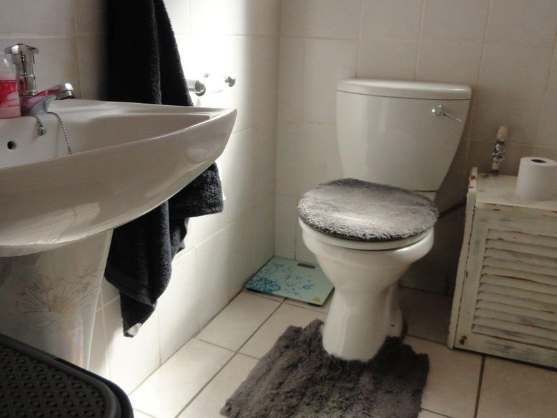 A functional bathroom featuring a pedestal washbasin and a standard ceramic toilet with tiled wall and floor finishes.