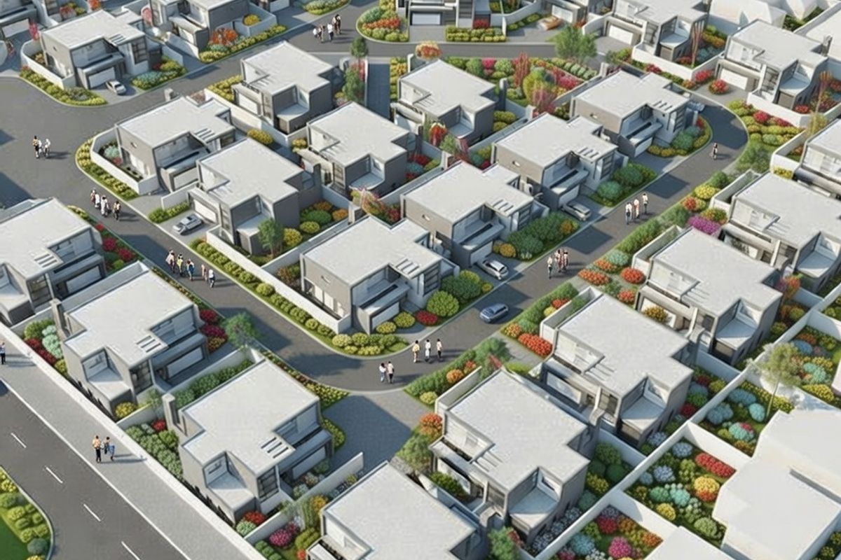 An aerial perspective of a modern residential estate featuring uniform housing units, paved streets, and landscaped communal garden areas.