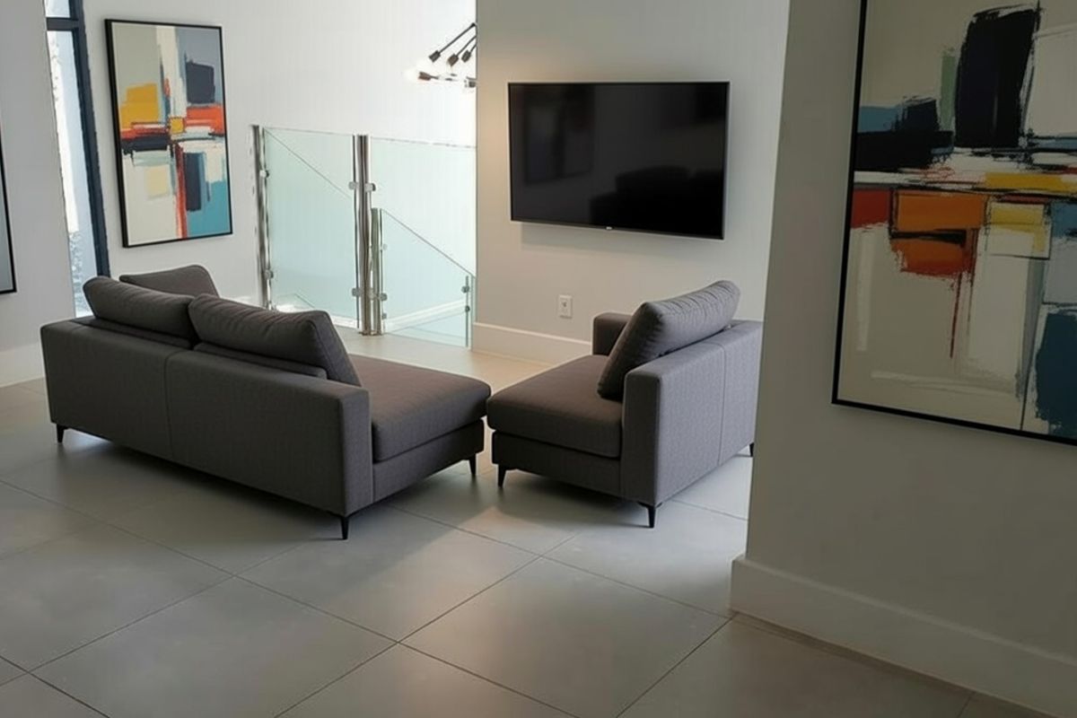A modern living area featuring large format floor tiles and a contemporary glass balustrade overlooking the lower level.