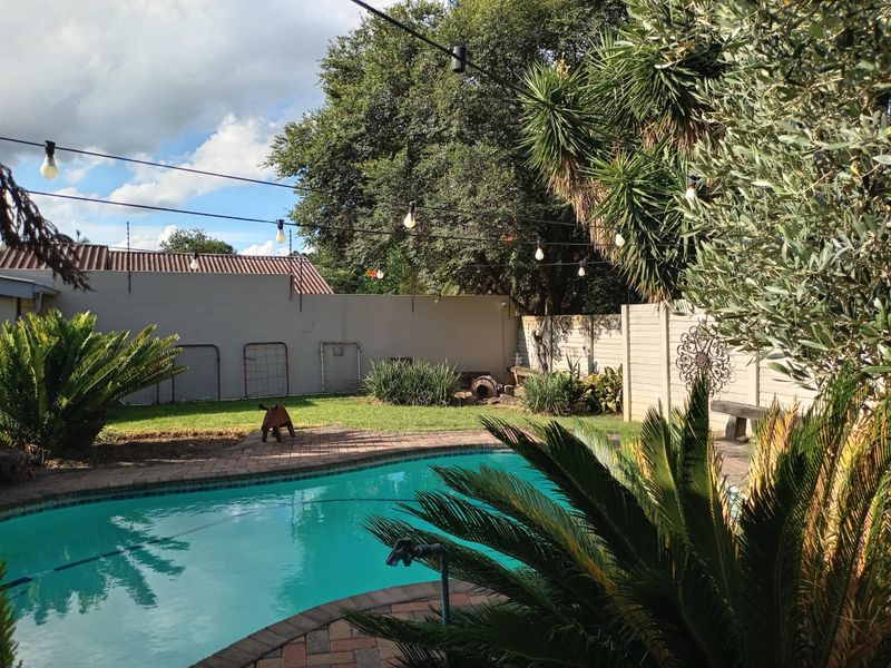 A well-maintained outdoor pool area featuring brick paving, perimeter walling with electric fencing, and overhead string lighting in a landscaped garden setting.
