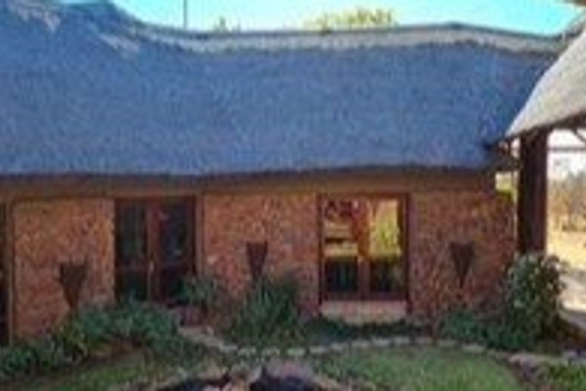 A view of the rear exterior facade featuring natural stone cladding, a traditional thatched roof, and large glass windows overlooking the garden area.
