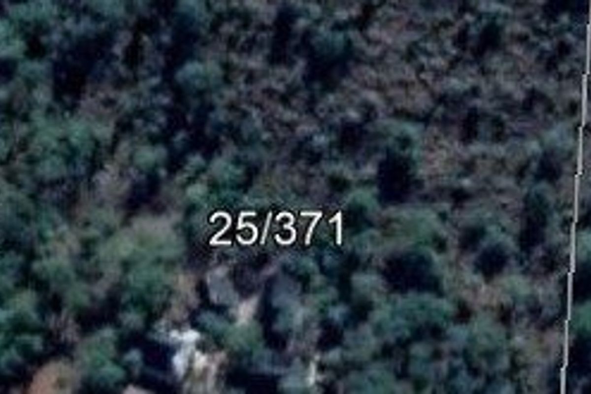 An aerial view of the vacant residential land plot, showing natural vegetation and boundary markers.