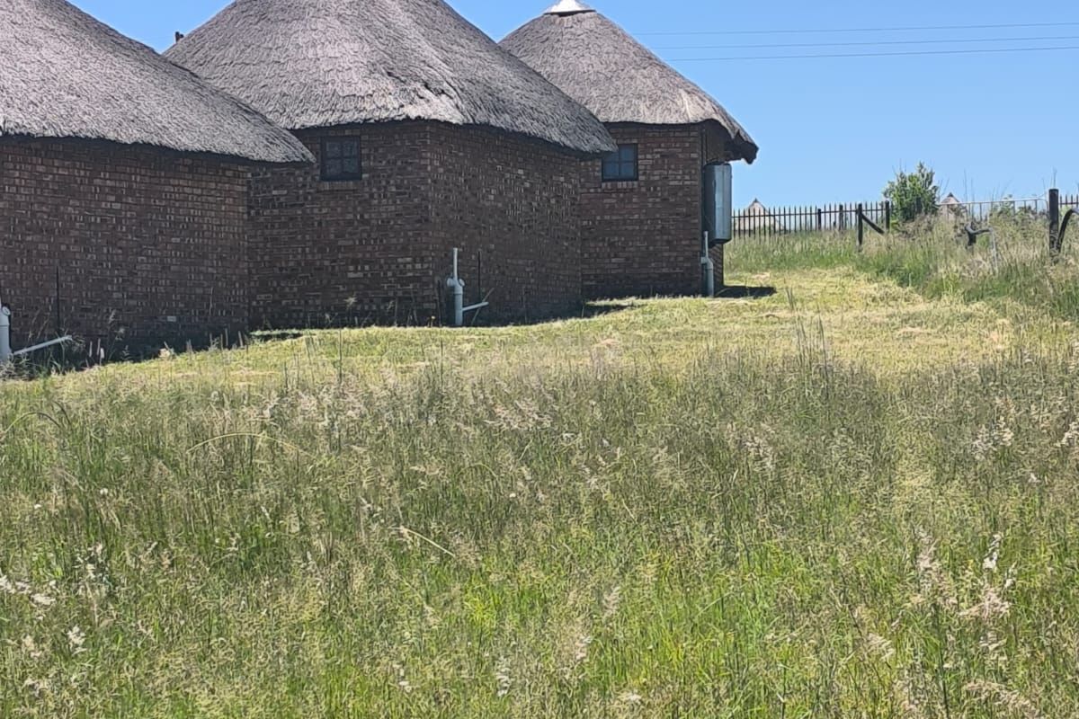 Rear view of traditional brick farm buildings featuring thatched roofs and small windows, set within a large open grassy field.