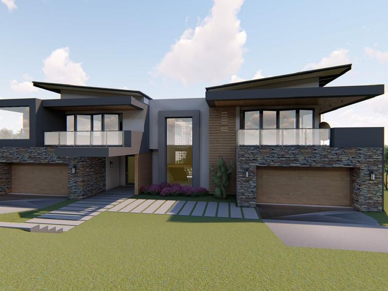 A modern architectural rendering of a double-story residential property featuring stone cladding, glass balconies, and dual garages.
