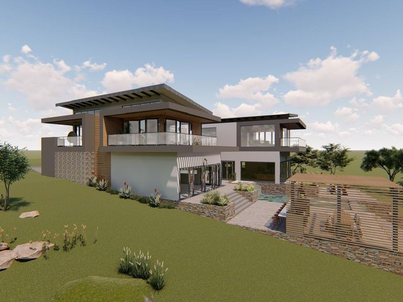 A 3D architectural rendering of a modern luxury residence featuring a swimming pool, stone-clad retaining walls, and expansive outdoor entertainment areas.