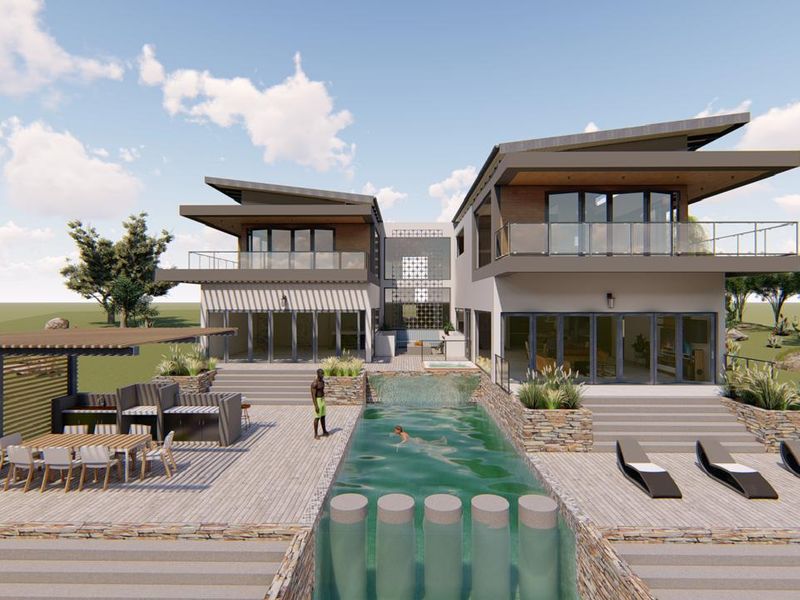 A modern architectural rendering of a luxury rear exterior featuring a swimming pool, expansive timber decking, and multi-level outdoor living spaces.