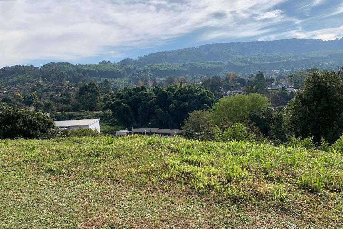A scenic view overlooking a sloped residential plot with lush greenery and distant mountain landscape.