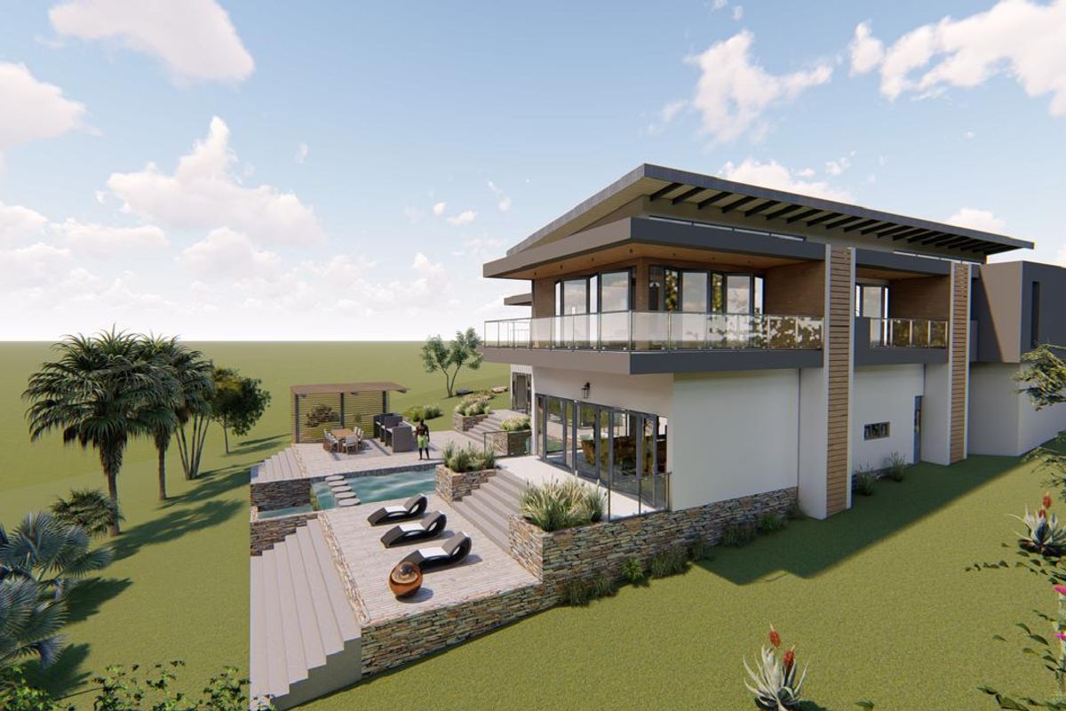 A 3D architectural rendering of a modern luxury residence featuring a multi-level terrace, swimming pool, and expansive glass balcony overlooking the rear grounds.