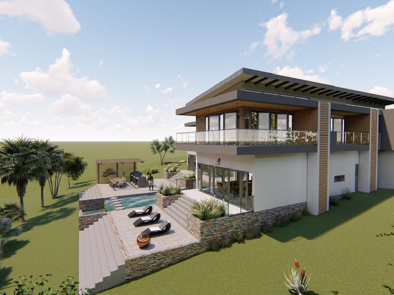 A 3D architectural rendering of a modern luxury residence featuring a multi-level terrace, swimming pool, and expansive glass balcony overlooking the rear grounds.