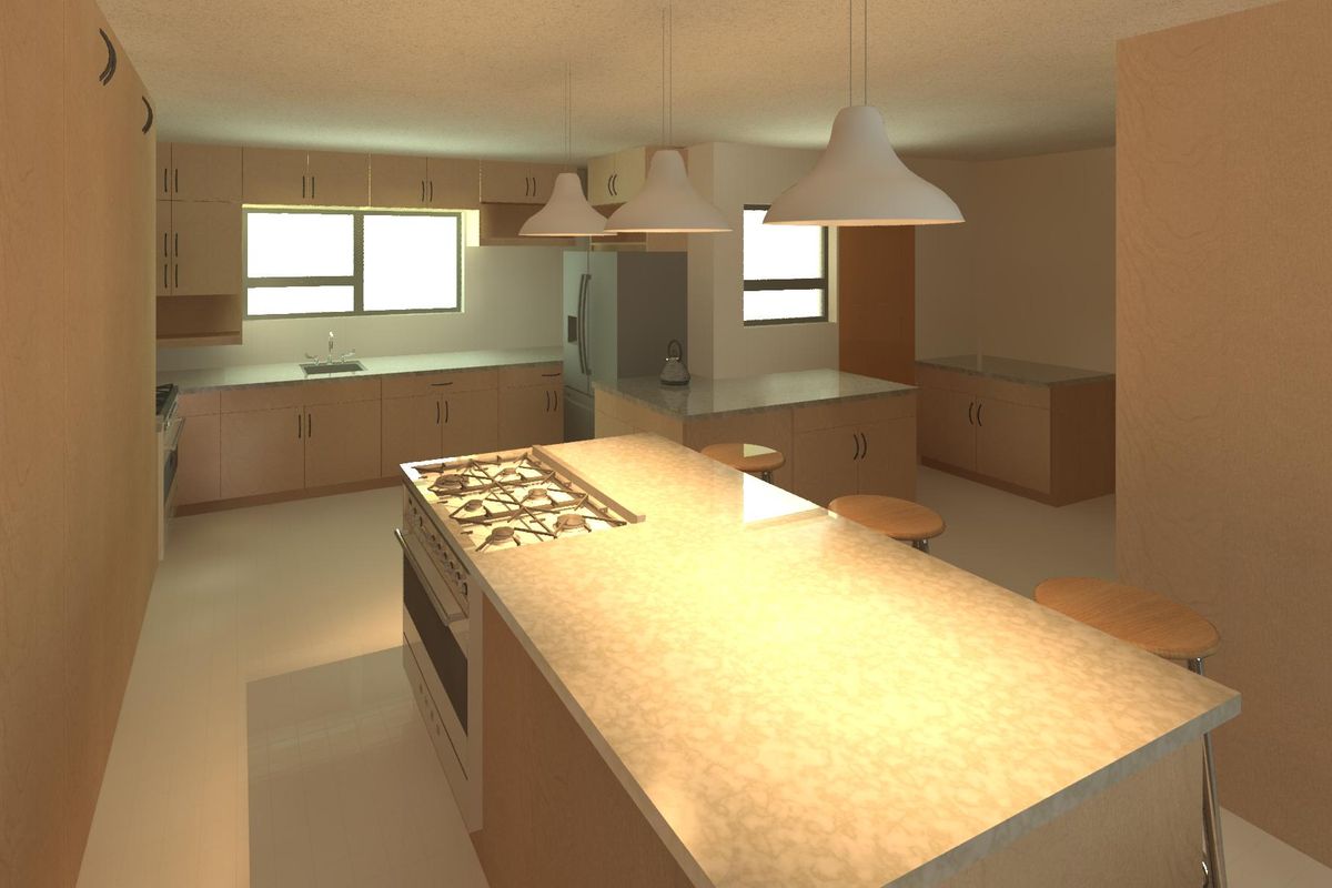 Spacious kitchen featuring a central island with a built-in gas cooktop, ample cabinetry, and modern pendant lighting.